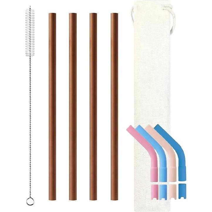 Pure Titanium Reusable Straws with Silicone Tips,Travel Case & Cleaning Brush,BPA Free & Eco Friendly,Dishwasher Safe,Fits 20-30oz Tumblers (Titanium