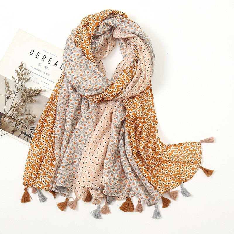 Women Autumn Spain Lovely Polka Floral Tassel Viscose Shawl High Quality Print Wrap Pashmina Stole Bufandas Muslim Hijab Snood