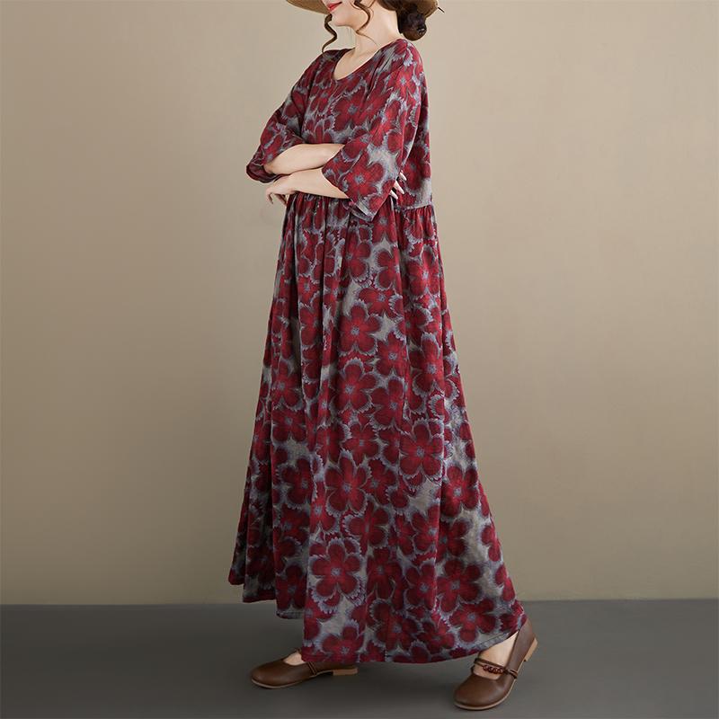 DIMANAF New 2026 Summer Beach Women Plus Size Vintage Lady Long Dress Red Loose Oversize Maxi Floral Print Cotton