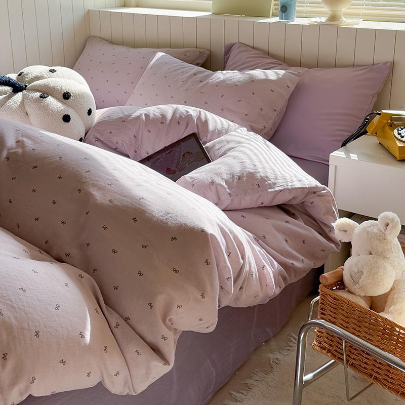 Korean Pink Grid Bedding Sets For Girls  New Flat Sheet Duvet Cover Set Pillowcase Bed Linen Queen Full Size Quilt Cover