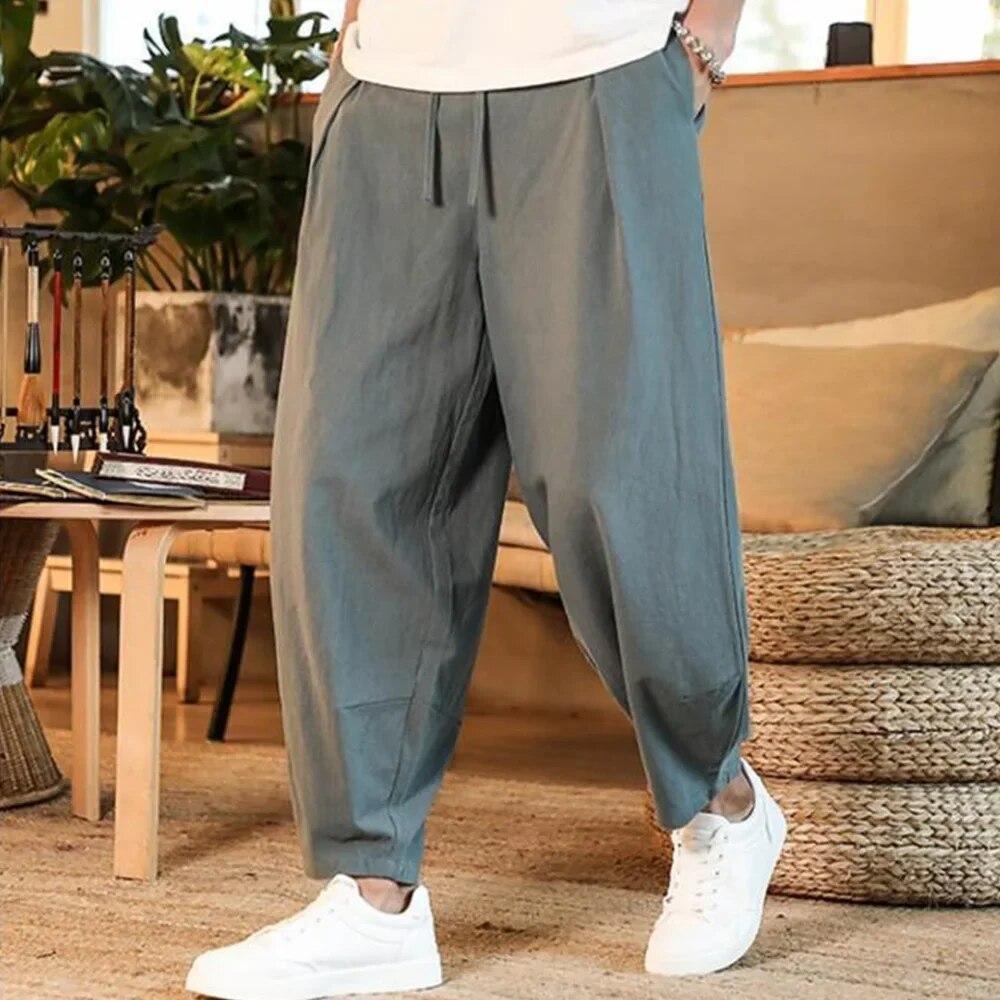 Męskie spodnie bawełniane i lniane Męskie letnie oddychające Nowe, jednokolorowe Męskie luźne spodnie fitness Baggy Streetwear Plus Size