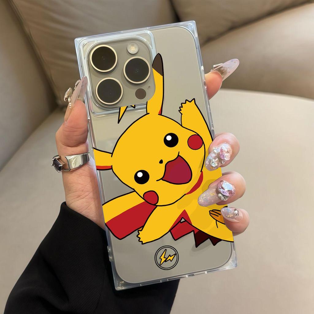 Clear Square Back Tube Case Protection For iPhone 16 ProMax 14 Pro Max 15 Plus 13 12 11 Anti-Oxygen,Cute Pikachu Pattern Casing