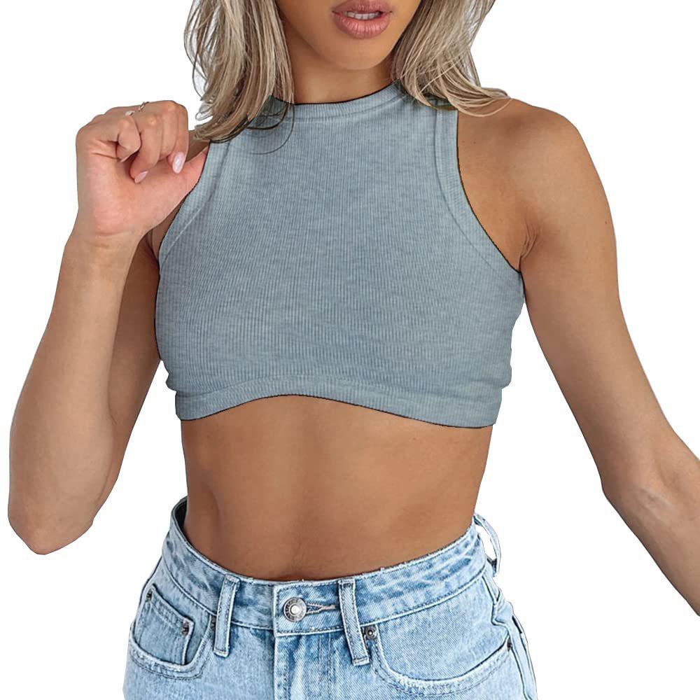 Dámský crop top bez rukávů z žebrovaného úpletu - Sexy styl s kulatým výstřihem