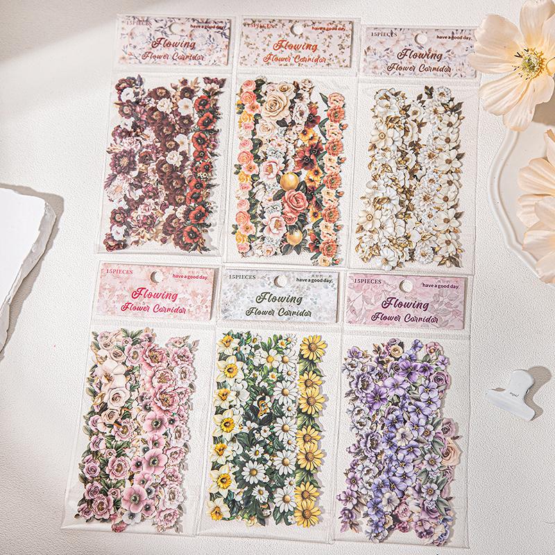 Journal GO 15pcs Long Strip Flower Stickers Scenery Creative Landscrape DIY Hand Made Collage Junk Journal Scrapbook Suppliese