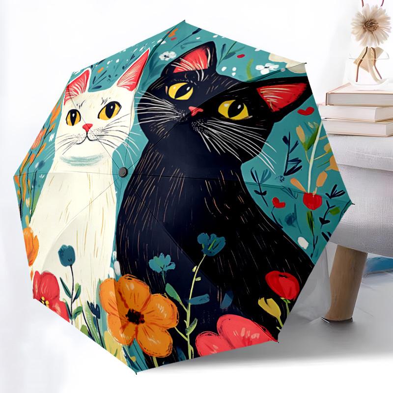 1pc Cats Flowers Automatic Umbrella   Auto Open/Close Folding Umbrella with  8 Rib Frame, 3 Fold Compact Umbrella for Men & Women, 130