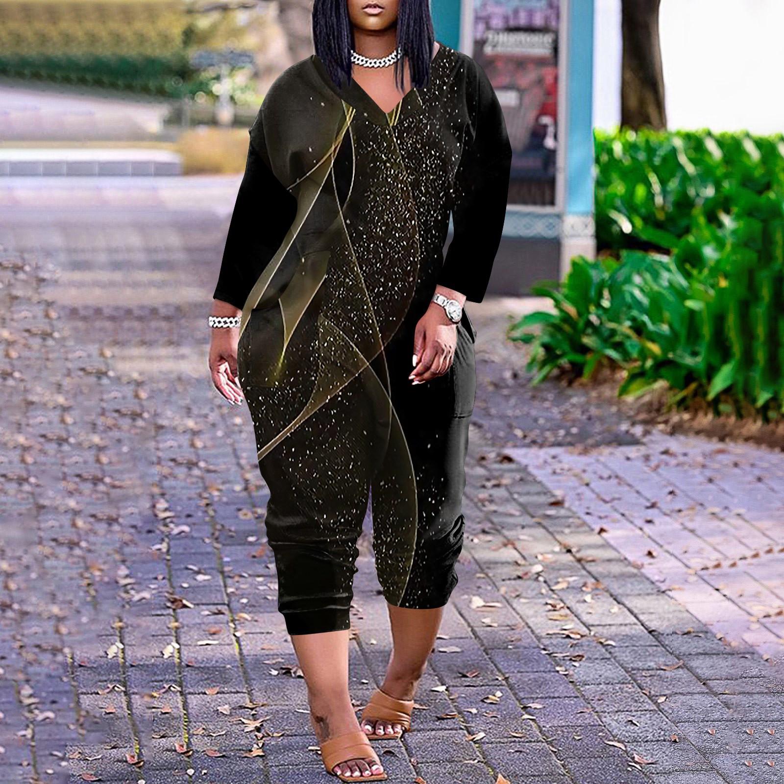 

Женский свободный повседневный комбинезон большого размера с v-образным вырезом и длинными рукавами с принтом и карманами XXL золотой