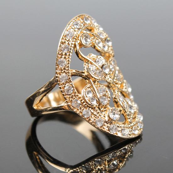 Women Luxury Golden Color Leaves Hollow Rhinestone Wedding Banquet Ring Jewelry