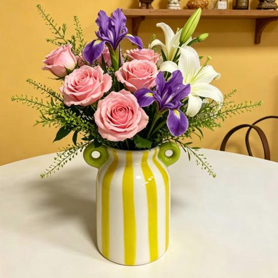 Ceramic Striped Flower Vase with Dual Handles Hand Painted Small Decorative Vase