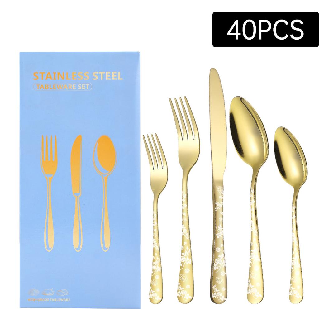 New Pattern Stainless Steel Tableware 40 Pieces Suit PVD Plated Printed Black Carved Handle Laser