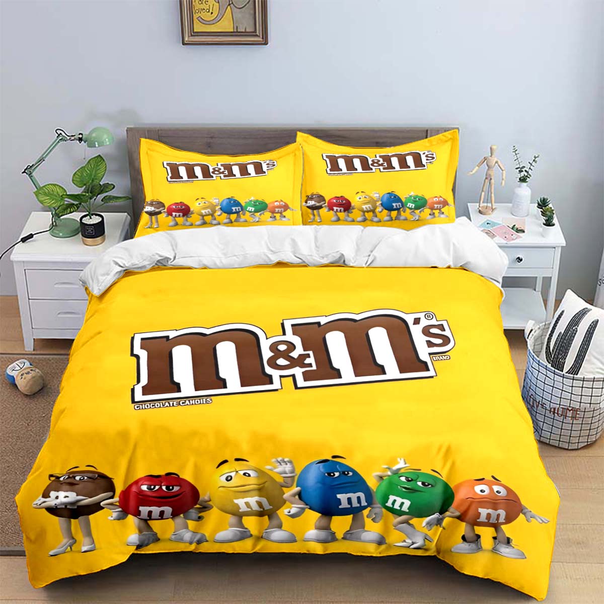 

Модні Постільні Набори з Принтом Логотипу Шоколаду M&M Вишуканий Набір Постільного Приладдя Комплект з Підковдри Комплект з Ковдрою Постільний Набір Розкішний Подарунок US Twin(172*218cm)3pcs