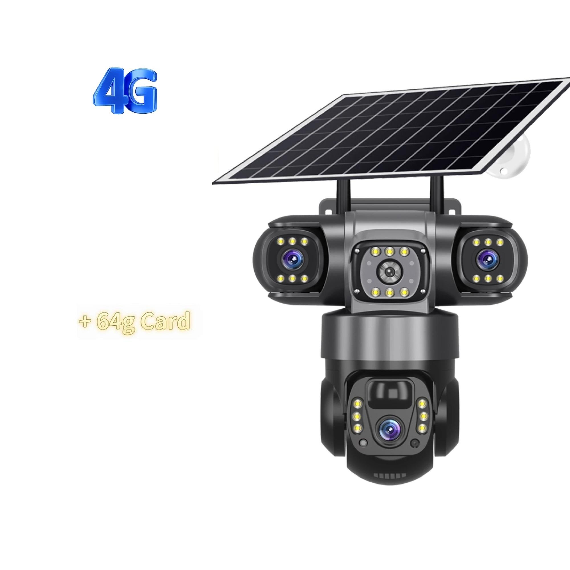 

Сонячна камера 4G/WIFI з 3 об єктивами та 3 екранами, вулична CCTV, водонепроникна, нічне бачення, двосторонній зв язок, мобільне відстеження, IP-камера 【4G】Camera+64g Card чорний
