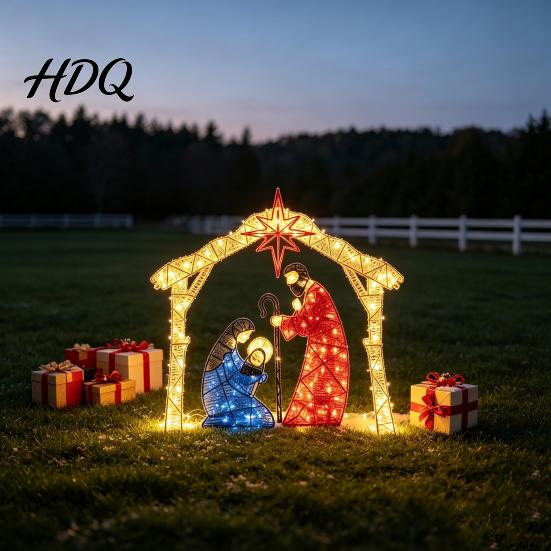 Festive Church Layout Ornament Lighted Nativity Garden Ornament Christmas Metal Yard Art with Glowing Bethlehem Star Statue LED Lights Light-Up