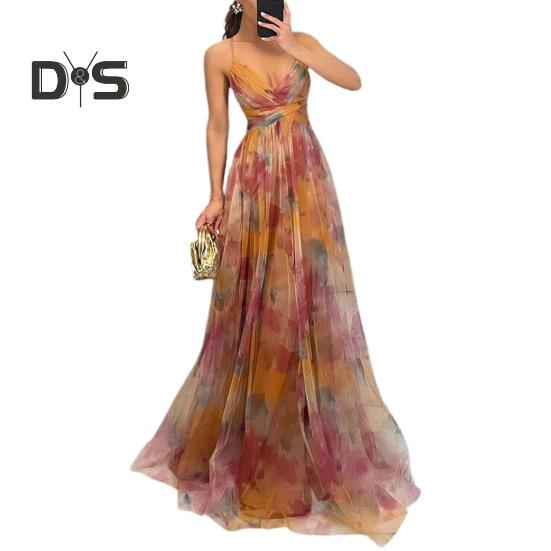 

Женское вечернее платье из сетки с красочным принтом и низким вырезом, без рукавов, с открытой спиной, на тонких бретельках, плиссированное, трапециевидной формы, длиной до пола, с узкой талией S