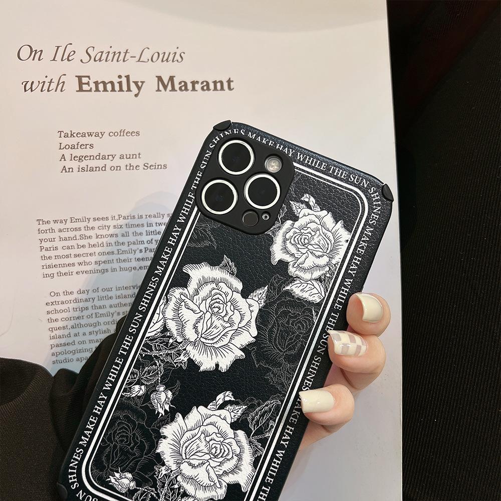 Retro Weiße Rose Blume Telefon Fall Für Iphone 11 12 Pro Max 13 Mini X Xr Xsmax 7 8 Plus Leder Silikon Weiche Stoßfest Abdeckung