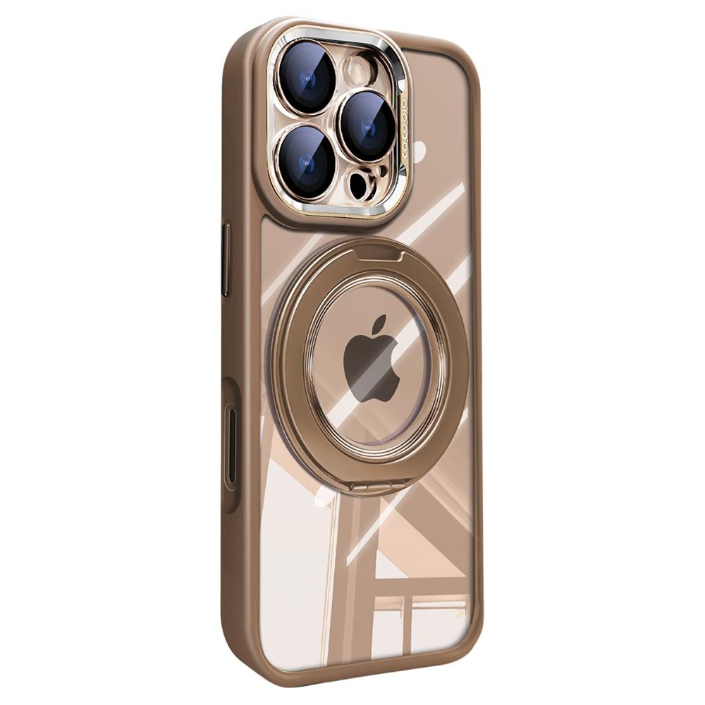 

For iPhone 16 Pro Max Case Magnetic Rotating Kickstand PC+TPU Phone Cover with Detachable Camera Lens Film Titanium Gold