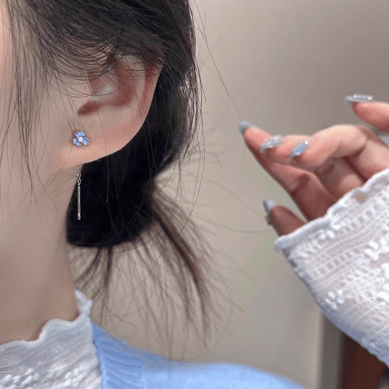 925 Silver Blue Iris Flower Zircon Tassel Stud Earrings for Women Fine Jewelry Luxury Vintage Accessories
