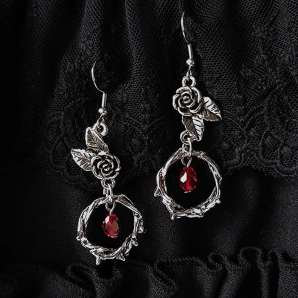 Retro Gothic Ancient Thorny Vine Leaf Rose Flower Red Crystal Dangle Earrings for Women Hallowmas Fashion Jewelry Accessories