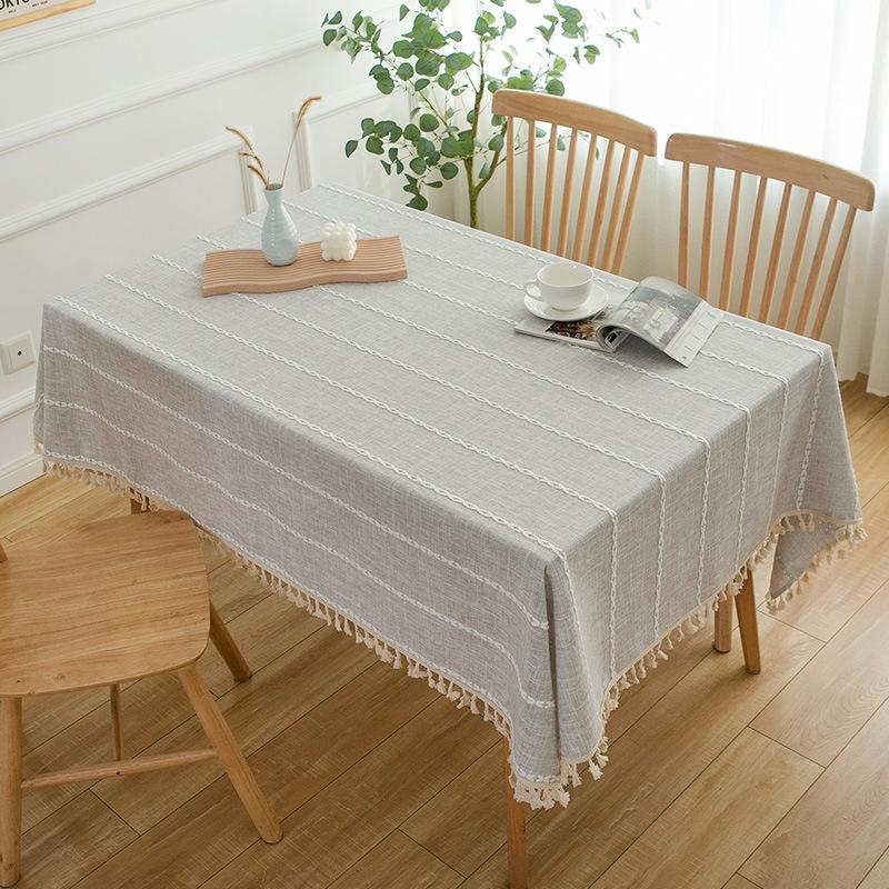 Rustic Embroidery Table Cloth, Cotton Linen Stripe Tassel Tablecloth Antifouling Dust Proof Table Cover For Kitchen Dining Decor