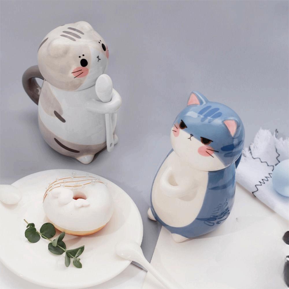 Capped Mug Cat Coffee Mug With Spoon Coffee Pots Cute Milk Tea Cups  Water