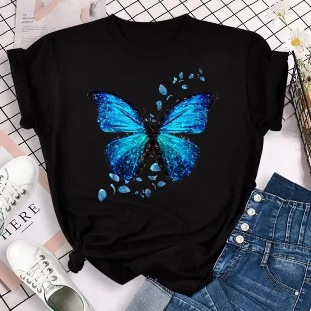 1pcs Colorful Butterfly Petal Print Short Sleeve Cute Graphic Tee Shirts FeUnisex Tops Clothing Fashion Women Tshirt Daily Wear