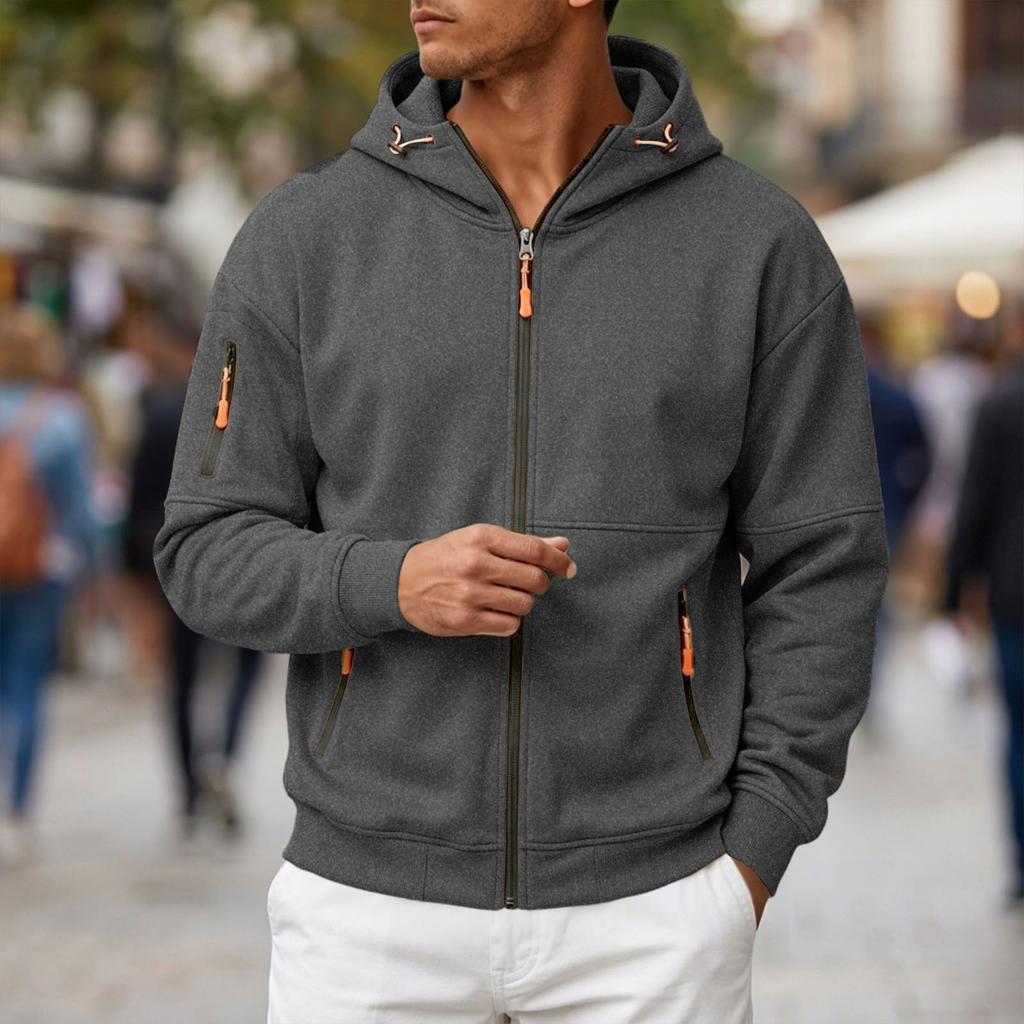 Herren lässiger Kapuzen-Pullover mit durchgehendem Reißverschluss, langen Ärmeln und mehreren Taschen und