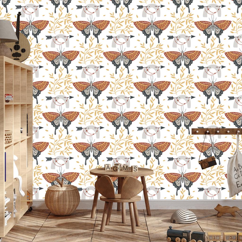 Rainbows and Butterflies Boho Wallpaper White, Cream and Orange 50x1000