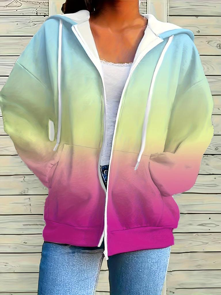 Women's Plus Size Gradient Hoodie Zipper Jacket - Casual Loose Fit 2026 New Arrival