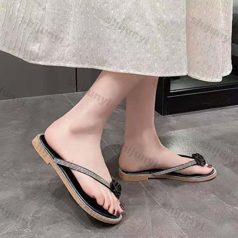 Fashion Women's Flip Flops 2025 Summer Outdoor Flat Fashion Rhinestone Flower Beach Shoes Soft Sole Lightweight Comfortable Casual Shoes