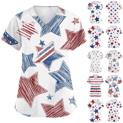 Haut de travail tendance pour femme à col en V, manches courtes, avec poches et imprimé Jour de l'Indépendance Uniforme