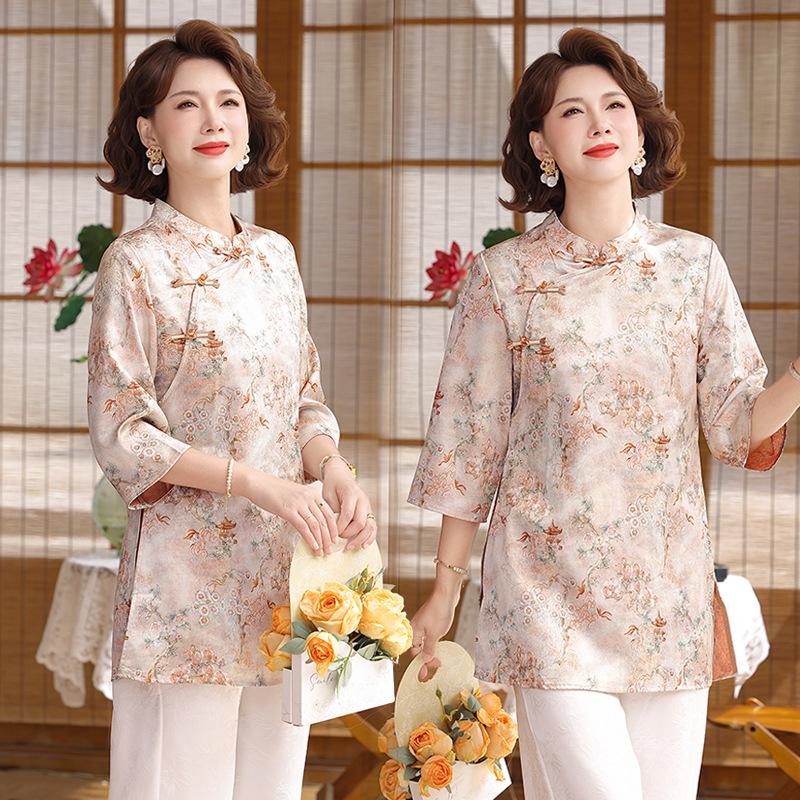 2026 New Silk Blend Frog Button Top: Mid-Sleeve Chinese Style for Middle-Aged & Elderly Women 2XL