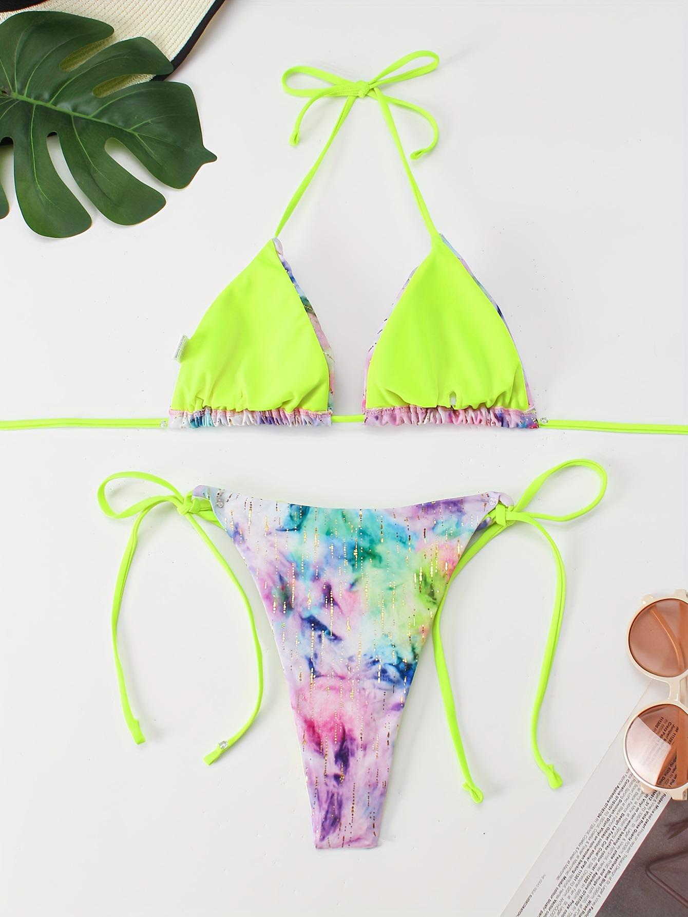 

Женский купальник бикини халтер с треугольным принтом тай-дай и градиентом Medium