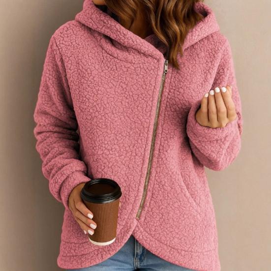 Women's Fleece Jacket Oblique Zip Up Long Sleeve Sherpa Coat Fuzzy Hooded Jacket