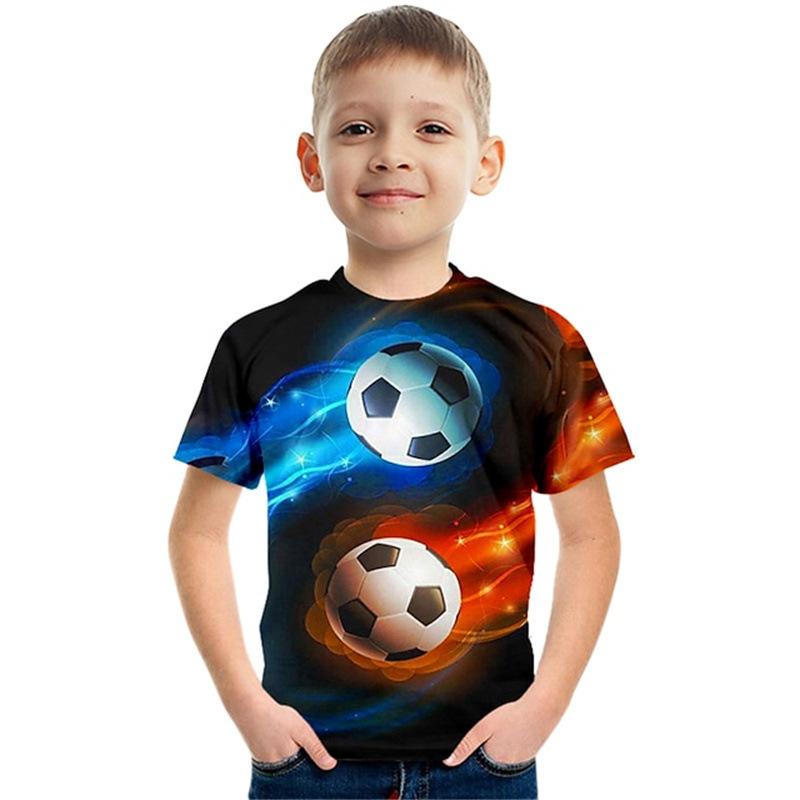 Summer Round Neck 3D Colorful Football Pattern Printed Top Fashionable Casual Short Sleeved Children's Boy T-shirts