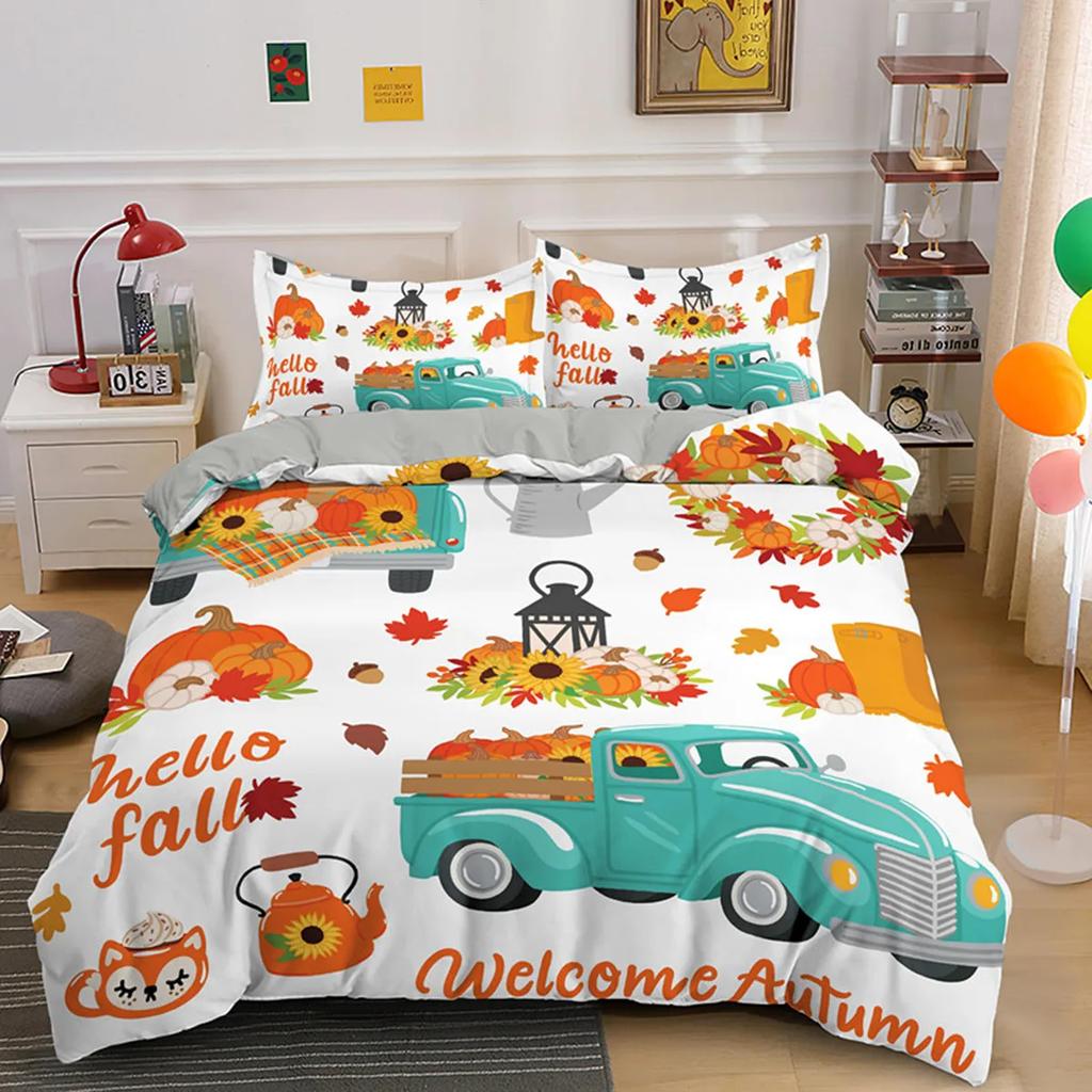 Autumn Pumpkin Truck Soft Duvet Cover Hapy Fal Thanksgiving Beding Set for Children Festival Gifts Comfortable Quilt Cover Bedrom Decoration