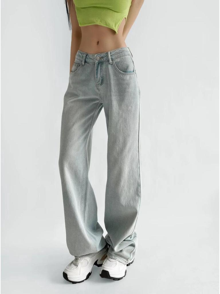 American Low-Waist Straight-Leg Loose Denim Distressed Wide-Leg Floor-Length Pants 2025 Summer Collection
