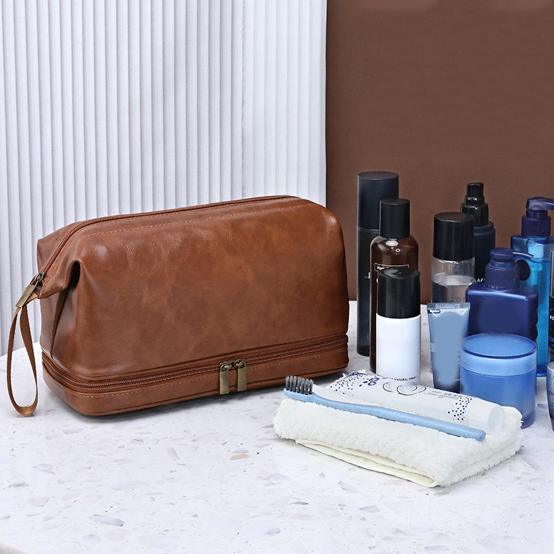 Double-Layered Toiletry Bag for Men Dad Husband Lightweight Leather Travel Shaving Kit Organizer Cosmetic Zipper Pouch