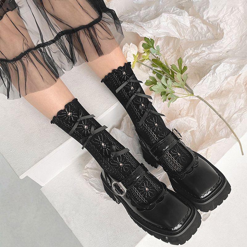 Beige Bow Hollow Flower Lace Socks - Spring/Summer JK Lolita Style