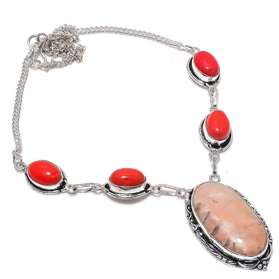 Natural Orange Aventurine, Coral 925 Sterling Silver Jewelry Necklace 18" J2F31