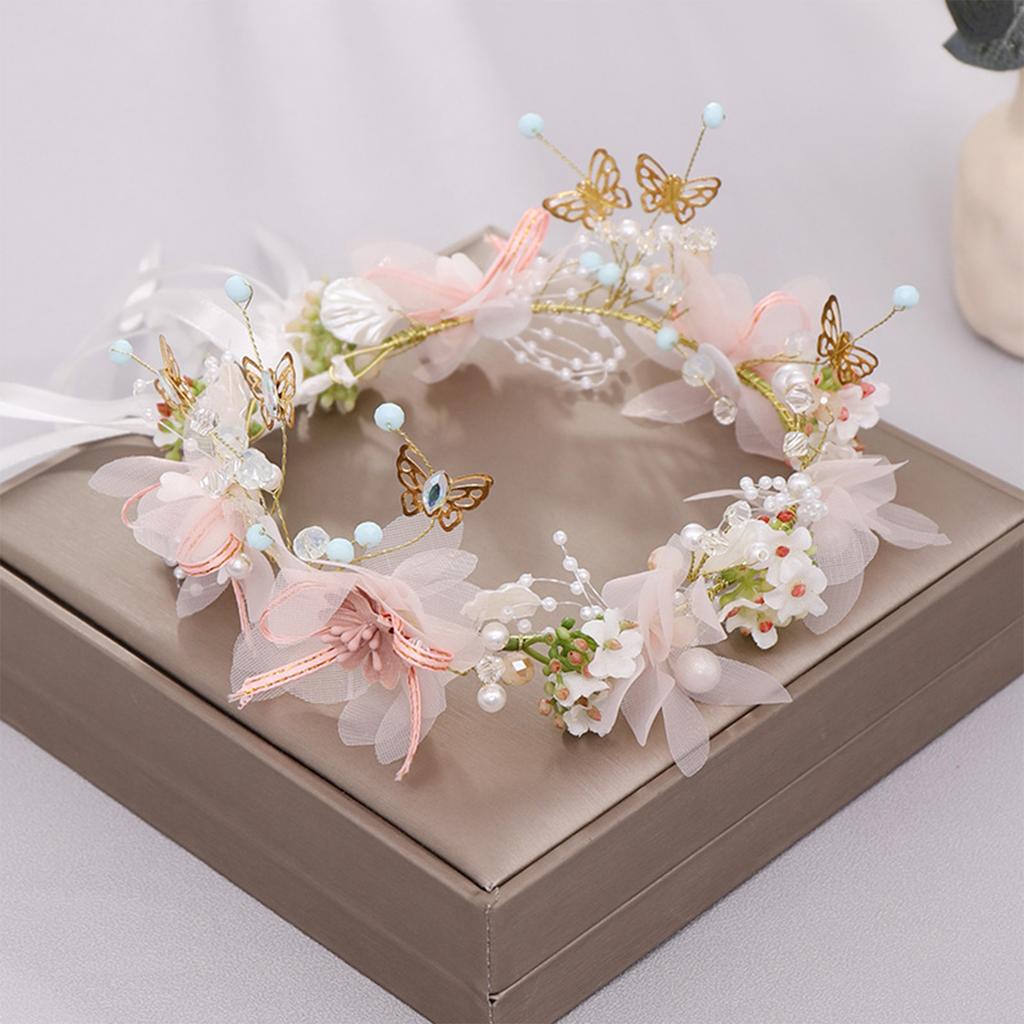 Elegant Women's Flower Crown Pink Butterfly Flower Hair Hoop For Girls Ladies Hand Woven Luxury Metal Jewelry Hair Accessories