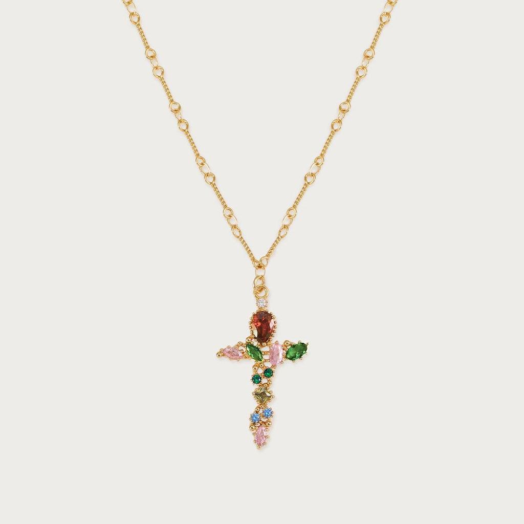 Fashionable and colorful zircon cross necklace with copper material gold-plated and color preserving