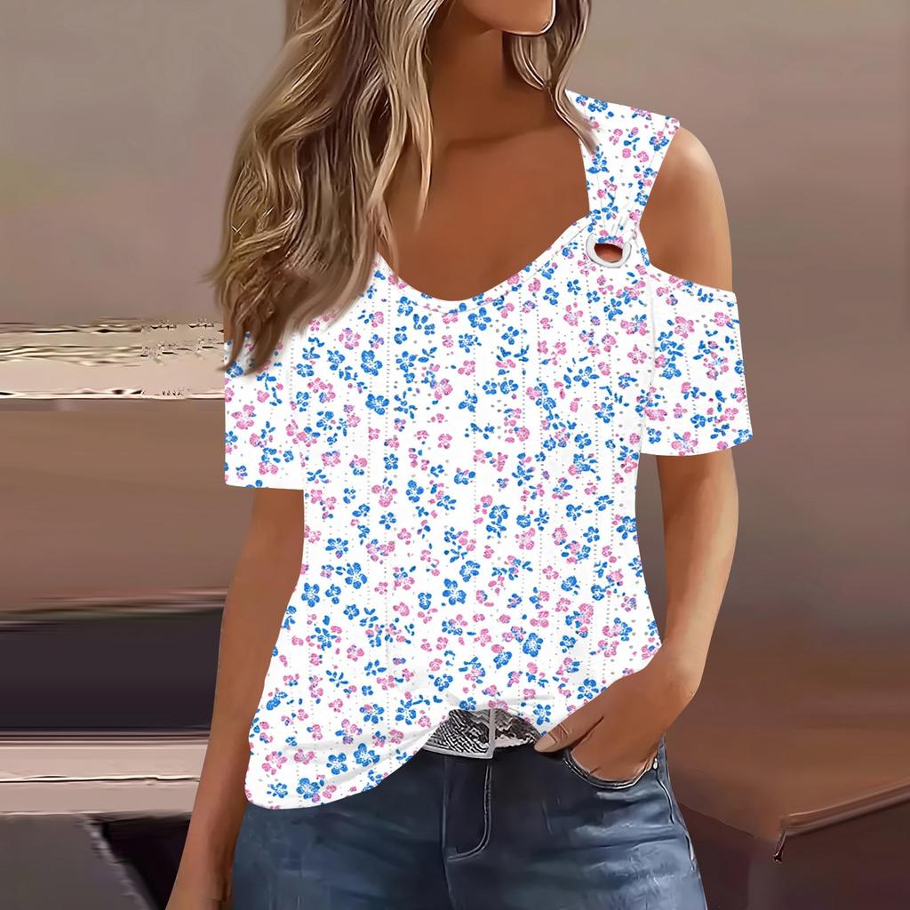 Sexy Cold Sholuder Tops For Women  Summer Hollow Out Eyelet Short Sleeve Blouse Loose V Neck Tshirt Trendy Casual Tunics