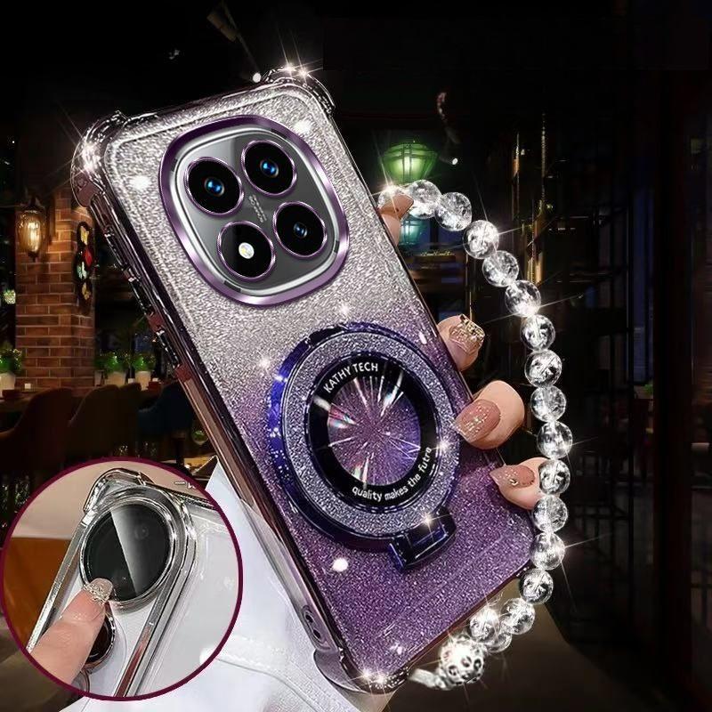 Glitter Magnetic Holder Bracket Case For Xiaomi Redmi Note 14 15 Pro Plus 15 15C 14C 14S 4G 5G Crystal Bracelet Silicone Cover