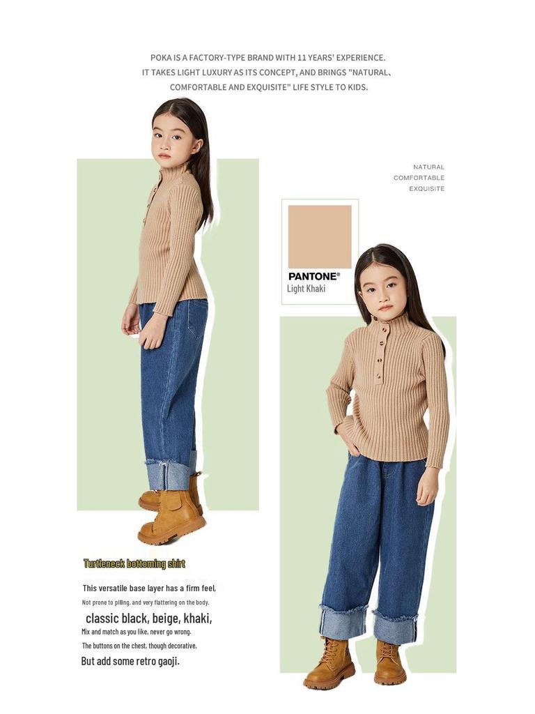 Autumn/Winter Girls' Mid-High Neck Ribbed Knit Sweater Top