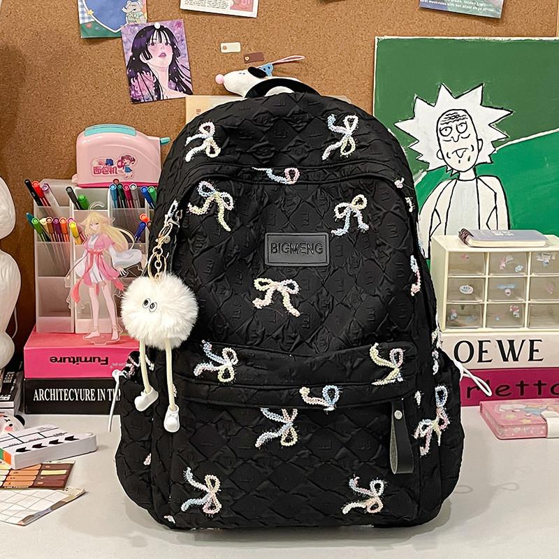 

Nylon Minimalist School Backpack With Bow Embroidery Design For Teens Daily Small