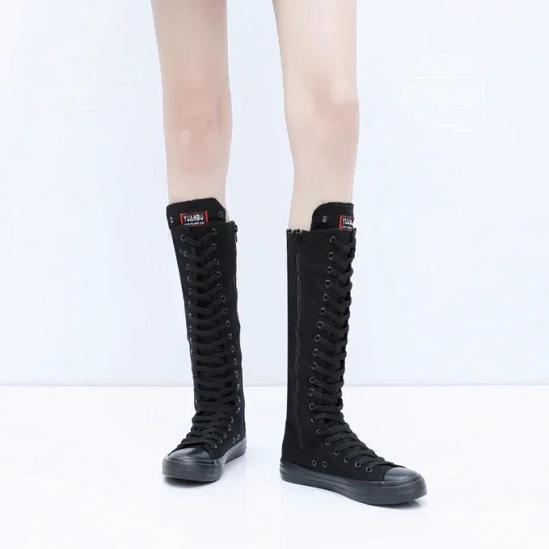 Stiefel Damen Sneaker Canvas Casual High Top Schuhe Langer Stiefel Schnürung Reißverschluss Bequem Flache Stiefel Sneaker Tenis Feminino