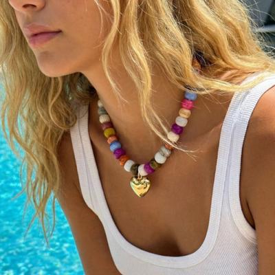 Choker Grosso con Perline, Collana Colorata con Perline Acriliche, Choker con Ciondolo a Cuore per Donna, Gioielli per Vacanze Estive al Mare