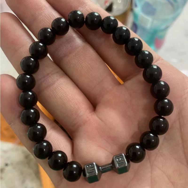 Black Matte Volcanic Stone & Alloy Dumbbell Energy Bracelet