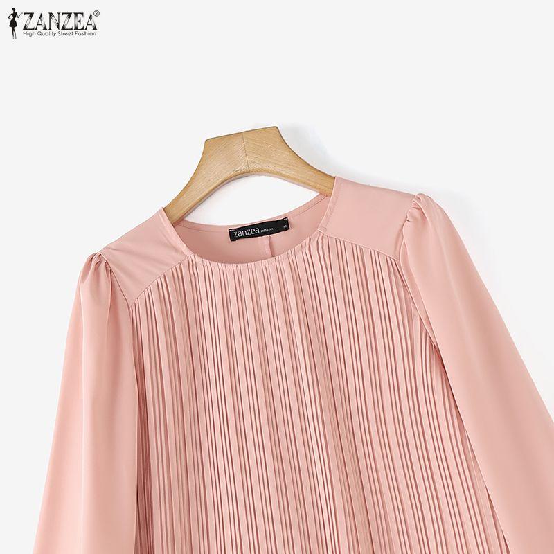ZANZEA Women Casual Round Neck Solid Color Loose Long Sleeve Blouse