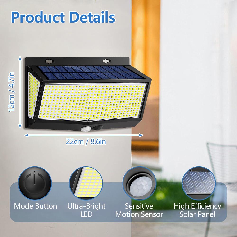 Super Bright 528LED Solar Wall Lamp With Motion Sensor Solar Security Light 3 Lighting Modes Waterproof Powered Floodlights Yard
