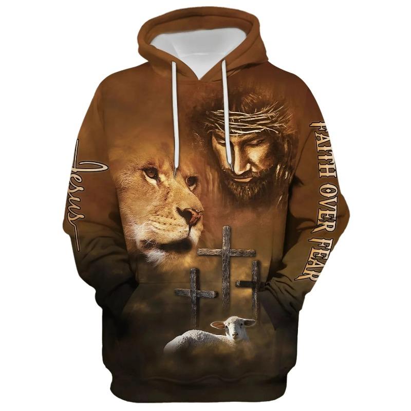Spring And Autumn God Jesus Graphic Pullovers Animal Lion Printed Hooded Hoodies Sports